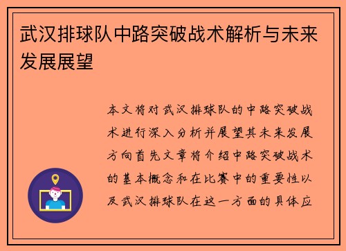 武汉排球队中路突破战术解析与未来发展展望