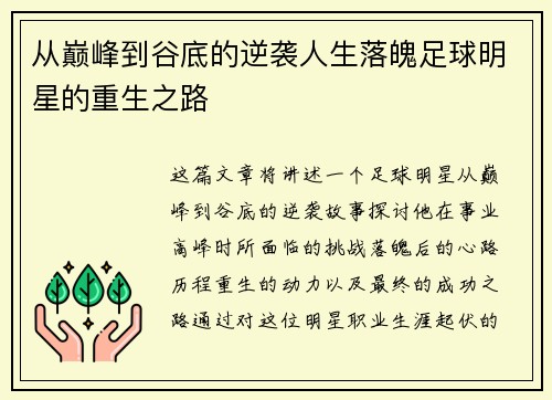 从巅峰到谷底的逆袭人生落魄足球明星的重生之路
