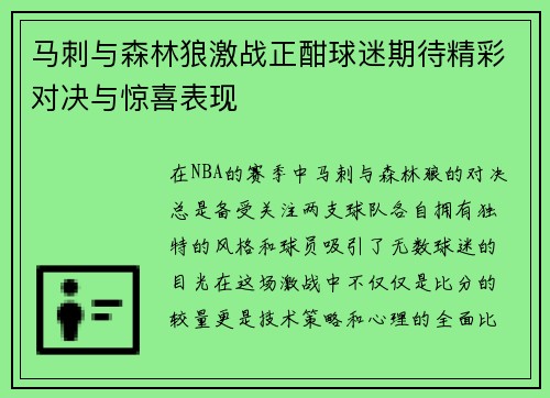 马刺与森林狼激战正酣球迷期待精彩对决与惊喜表现